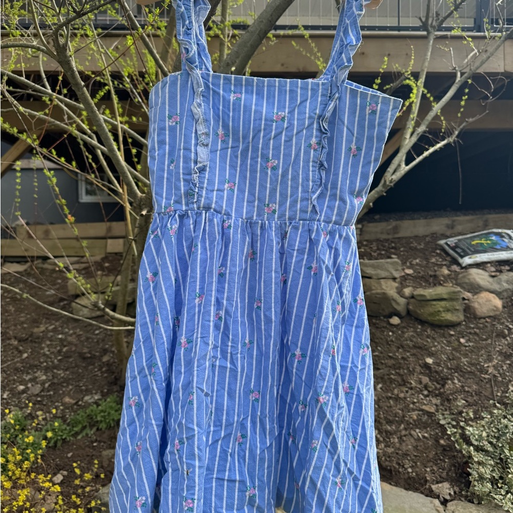 Blue Striped Sundress with Floral Embroidery